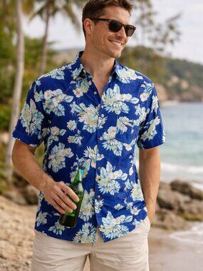 Club Room Linen Hawaiian Floral Shirt Blue NWOT